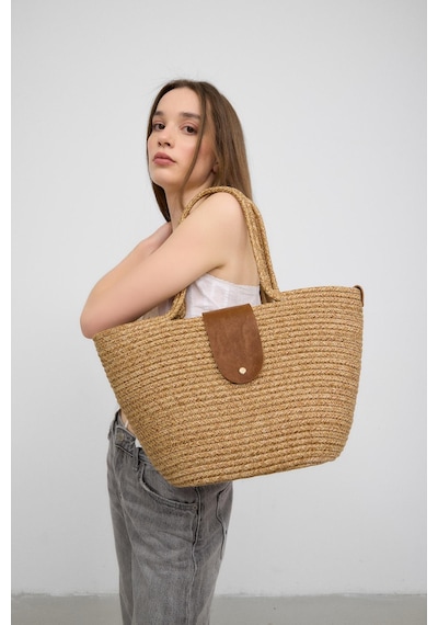Shule Bags Duffy Kapaklı Handmade Hasır Tote Çanta Vizon Vizon