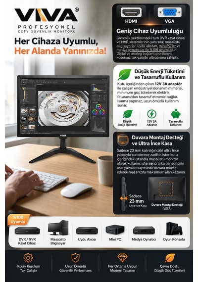 M-19 Premium 19 Led Monitör Ultra Parlak Ekran, Dahili Hoparlör, Hdmı & Vga