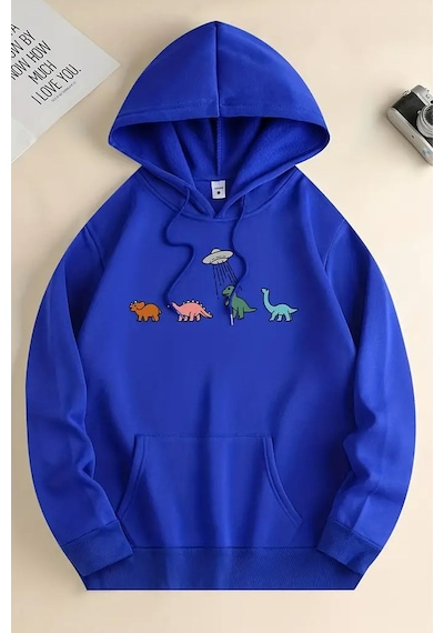 Uyguntarz Uzaylı Dinazor Baskılı Oversize Sweatshirt Mavi