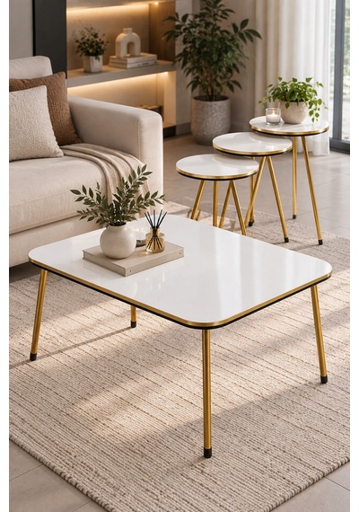 Sulorahome Gold Metal Leg 4-piece Coffee And Side Table Set Beyaz - Altın