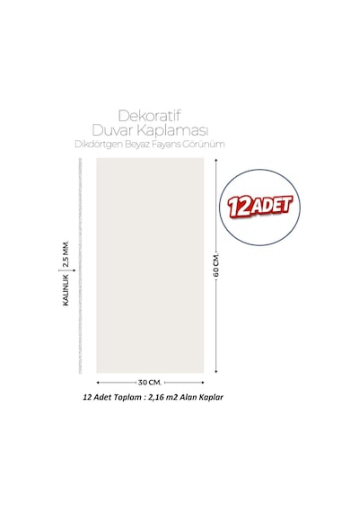 30x60 Cm Kendinden Yapışkanlı Duvar,banyo,tezgah Arası Kaplama Kırık Beyaz 12 Adet