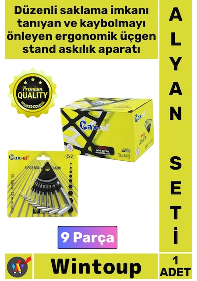 Alyan Crv Çelik Dayanıklı Isı İşlem Görmüş Üçgen Stand Askılık Mini Boy 9 Parça Alyan Anahtar Seti Çok Renkli