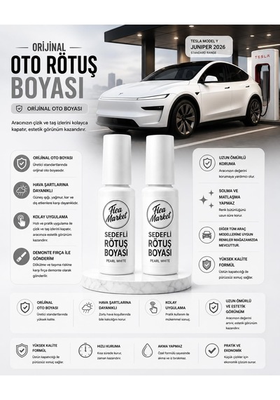 Tesla Model 3, Model Y, Juniper, Pm00 Beyaz İnci Rötuş Boyası 25+25ml Sedefli Şişe Seti