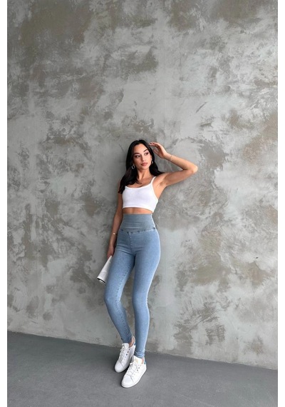 Buz Mavi Ekstra Yüksek Bel Kot Tayt Pantolon Jeggings Buz Mavi