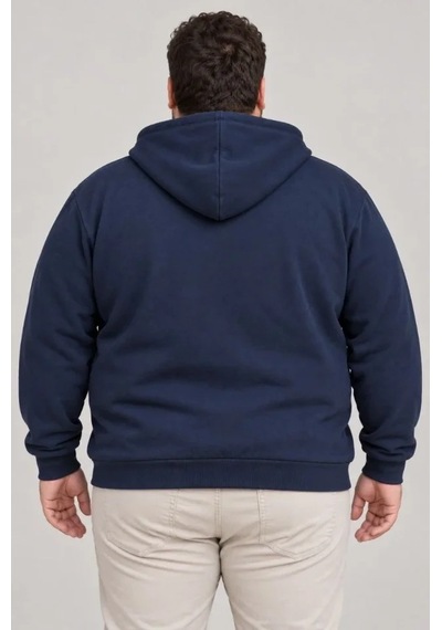 DefyModa Erkek Battal Büyük Beden Üç İplik İçi Şardonlu Kapüşonlu Tam Fermuarlı Kışlık Sweatshirt - Lacivert