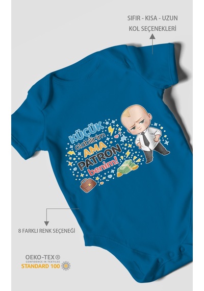 Morivokids Küçük Olabilirim Ama Patron Benim Kısa Kollu Bebek Body Koyu Mavi