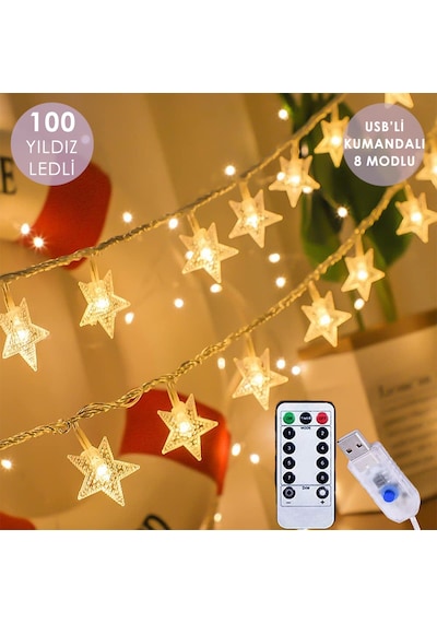 Technosmart 100 Yıldız Ledli 10mt. Kumandalı Usbli 8 Modlu Dekoratif Şerit Led Işık Yılbaşı Süsleme