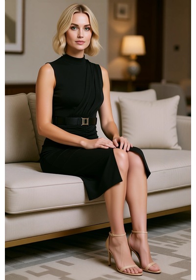 Benerly Kadın Kolsuz Dik Yaka Drape Detaylı Kemerli Midi Bodycon Esnek Ör Siyah Benerly Kadın Kolsuz Dik Yaka Drape Detaylı Kemerli Midi Bodycon Esnek Ör Siyah