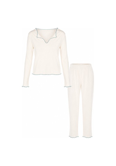 Koza İç Giyim Kadın Soft Touch Fitilli Kalp Detaylı Uzun Kollu Pijama Takımı Kk70640 Mavi