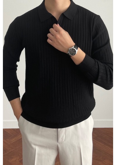 Erkek Siyah Slim Fit Uzun Kollu Polo Yaka Triko Kazak Siyah