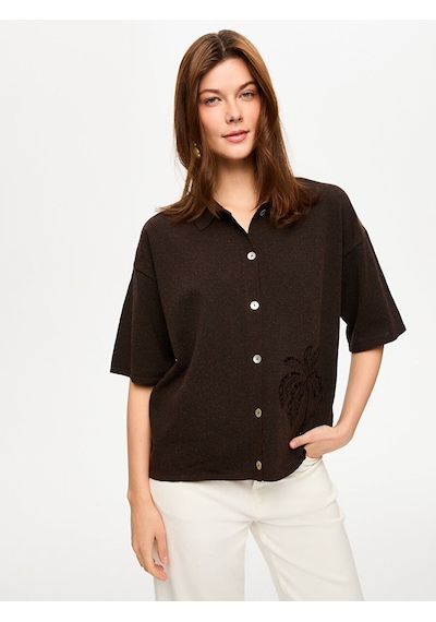 Delik İşi Nakış Detaylı Polo Yaka Buklet Triko Bluz S26trb021 Us26trb02130 Kahve