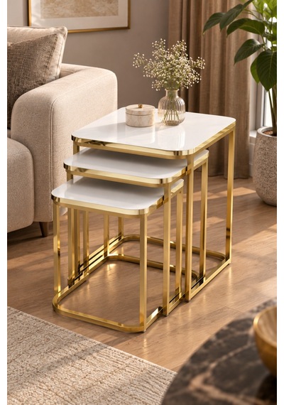 Sulorahome Beyaz 3'lü Zigon Sehpa Seti Gold Metal Ayaklı