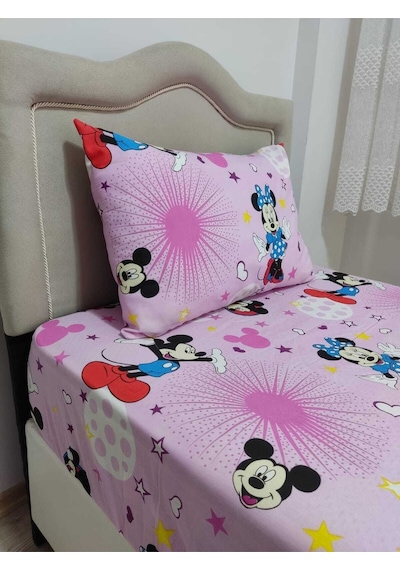 Lionas Tek Kişilik Ranforce Kumaş Lastiksiz Çarşaf Takımı Mickey Mouse Pembe Pembe