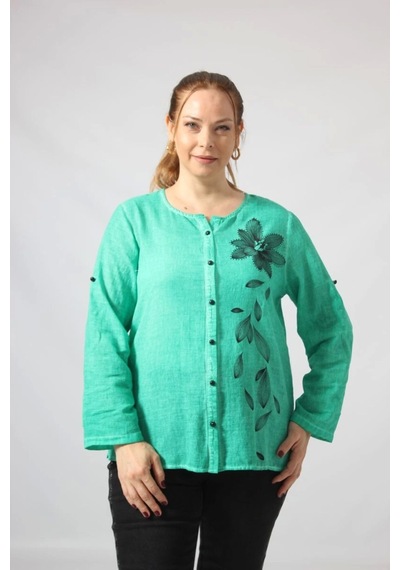 Moda Berray 3293 Yeşil Çiçek Baskılı Organik Keten Kumaş Mevsimlik Gömlek Yeşil