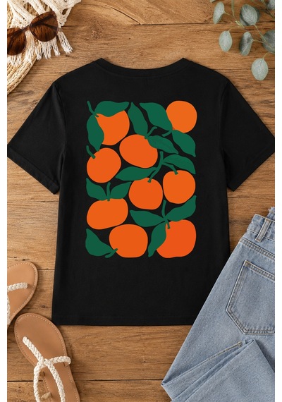 Spoyi Narenciye Ruhu Tasarımlı %100 Pamuk Yarım Oversize Siyah T-shirt