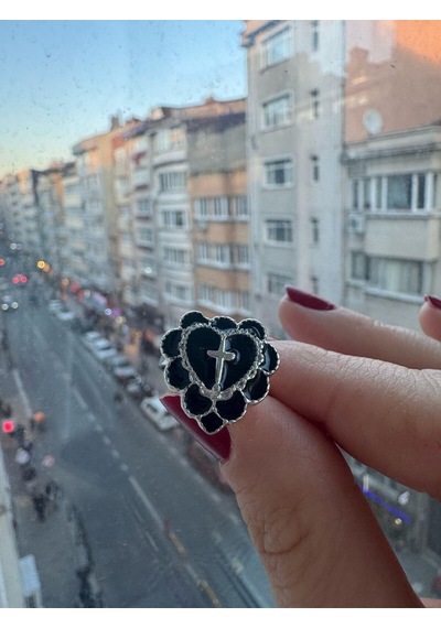 Gotik Kalp Haç Model Siyah Ayarlanabilir Yüzük