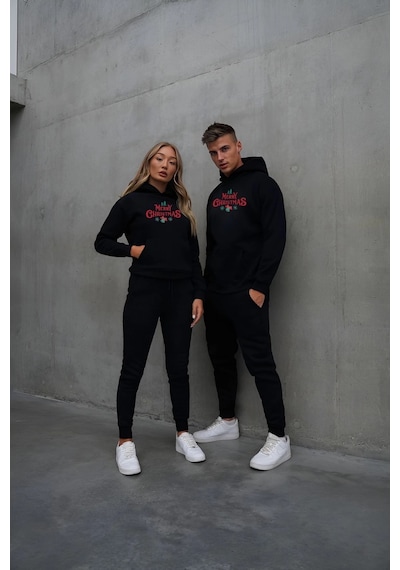 Primemagazam Yılbaşı Merry Christmas Baskılı Oversize Kapüşonlu Sweatshirt Hoodie - Siyah Çeşitli