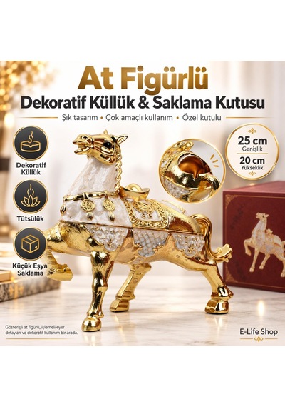 Lüks Alaşım Metal At Figürlü Kapaklı Dekoratif Küllük Ve Takı Saklama Kutusu Metal Biblo 25 X 20 Cm