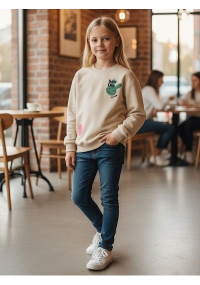 Kız Çocuk Pamuklu Tavşan Desenli İnce Uzun Kollu Sweatshirt-16335 KREM