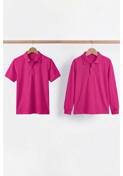 Nacar Store Unisex Çocuk Uzun Ve Kısa Kollu Polo Yaka Okul Tişörtü 2'li Set Fuşya