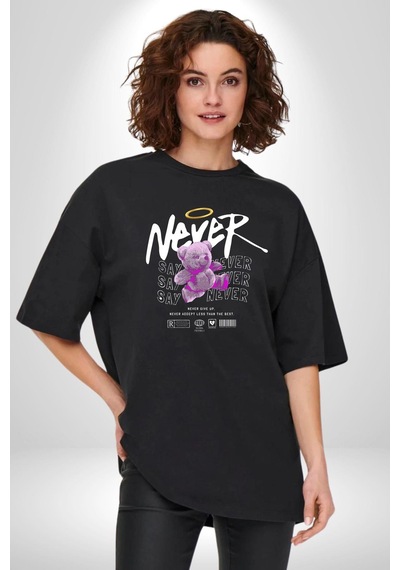 Asla Asla Deme Pamuklu Bisiklet Yaka Unisex Oversize Boyfriend Dijital Baskılı Siyah T-shirt Siyah