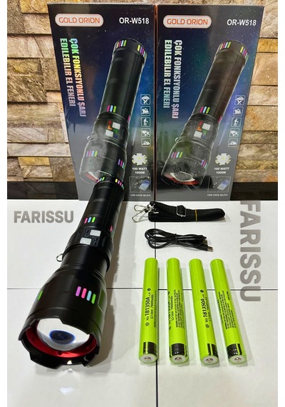 Or-w518 Ultra Güçlü Beyaz Lazer Led El Feneri 100w, 6000 Lümen, 2 Km Zoom Menzil Powerbank Özellikli Siyah