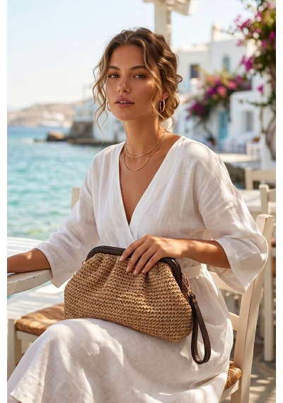 Vivazzaluxe Vintage Model Örme Hasır Kadın Portföy Clutch Çanta Koyu Bej