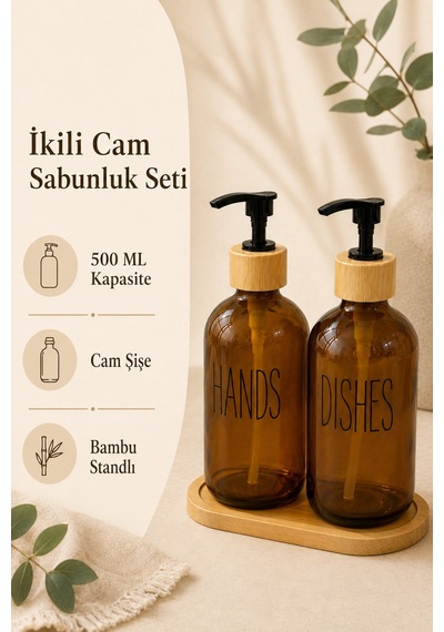 Relly Bambu Standlı İkili Cam Sabunluk Seti 2 X 500 Ml Hands & Dıshes Amber