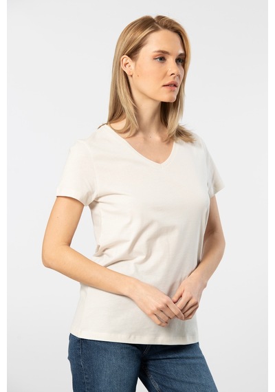 Wtshirt - Venice Kısa Kollu V Yaka Kadın T-shirt Ekru 001