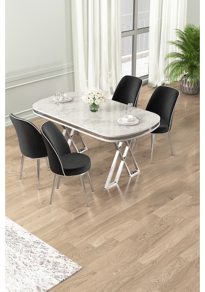 Canisa Lai Serisi 90x168 Lak Panel Beyaz Mermer Desen Masa Ve 4 Sandalye Krom Ayak Beyaz Mermer Masa Rengi Siyah Sandalye Canisa Lai Serisi 90x168 Lak Panel Beyaz Mermer Desen Masa Ve 4 Sandalye Krom Ayak Beyaz Mermer Masa Rengi Siyah Sandalye