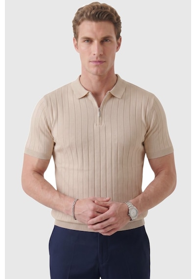 Deepsea Erkek Bej Polo Yaka Fermuarlı Çizgi Dokulu Regular Fit Likralı Triko Tişört 2608008