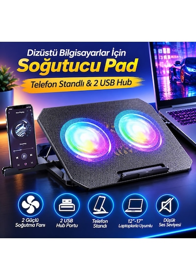 Lenovo Ideapad Flex 5 14'' Uyumlu Çift Fanlı Laptop Soğutucu Stand Telefon Standlı, 2 Usb Hub