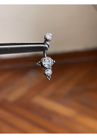 Üç Taş Gümüş Renk Ultraliğht 10 Mm Titanyum Göbek Piercingi Gri