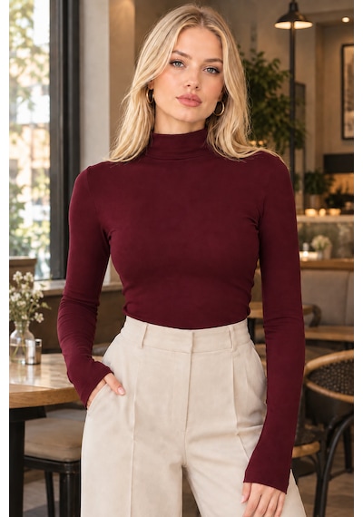 Feyece Kadın Premium Soft Yarım Balıkçı Yaka Uzun Kollu Basic Bluz Bordo