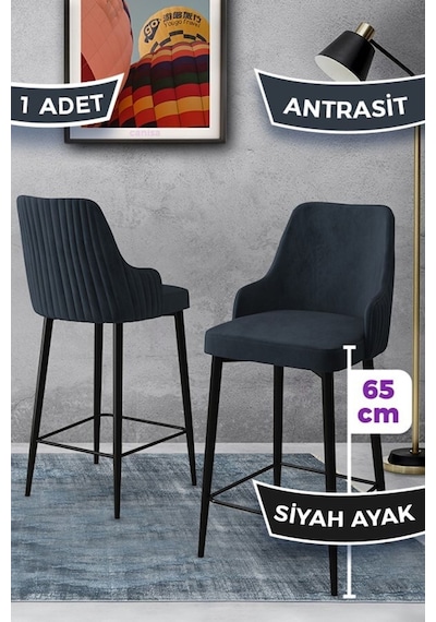 Canisa Tera Serisi 1 Adet 65 Cm Antrasit Ada Mutfak Bar Sandalyesi Babyface Kumaş Siyah Metal Ayaklı Sandalyeler Antrasit Ayaklar Siyah