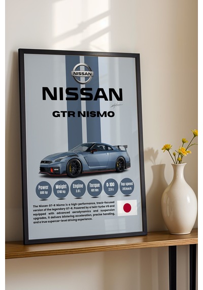 Nissan Gt-r Nismo Premium Spor Araba Çerçeveli Tablo - Teknik Özellikli Jdm Duvar Dekoru Siyah