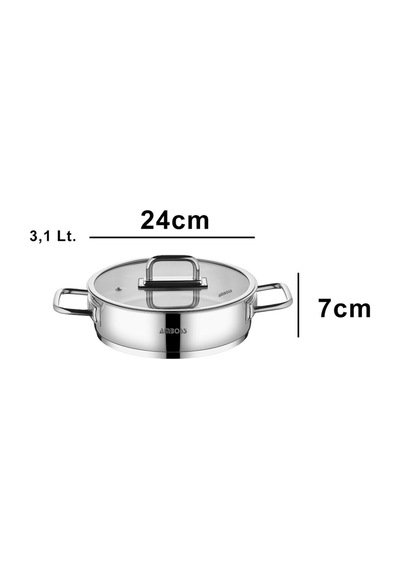 Nova Paslanmaz Çelik Cam Kapaklı Basık Tencere 24x7 Cm Gri
