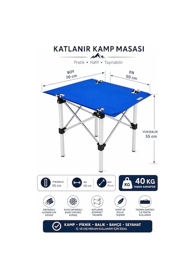 Trendinyeri 2 Sandalyeli Katlanır Kamp Seti Masa Ve Sandalye Takımı Mavi