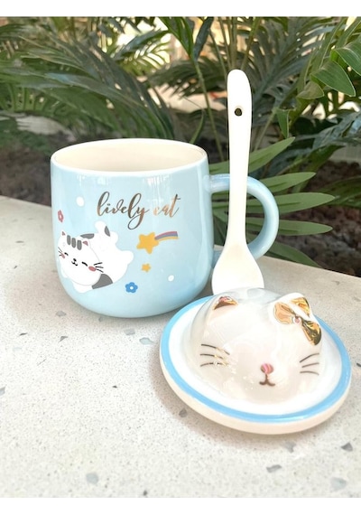 Kawai 3d Kedi Kapaklı Kaşıklı Kupa Bardak Mavi