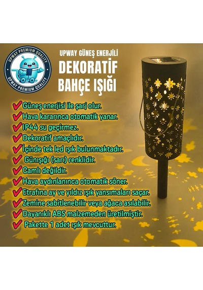 Upway Güneş Enerjili Karanlık Sensörlü Yıldız Hilal Desenli Dekoratif Bahçe Ağaç Çim Lambası Siyah