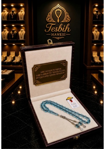 Tesbih Hanesi Ateş Kehribar Tesbih Harfli Kişiye Özel Seri Sıkma Kehribar Tesbih Usta Işi Tesbih Gümüş Kaplama Açık Mavi