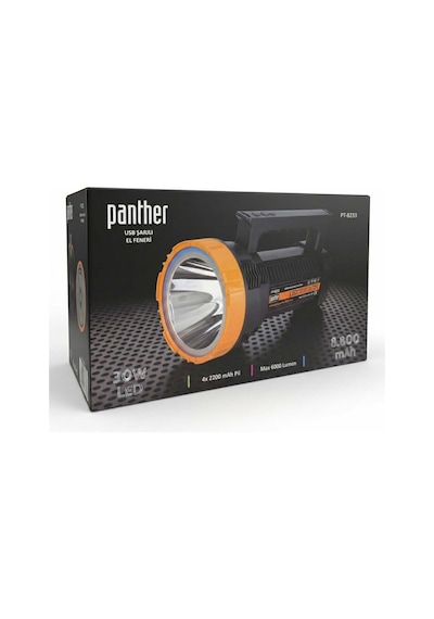Panther Pt-8233 Usb Şarjlı Avcı El Feneri 6000 Lümen 30 Watt Yanma Süresi 8 Saat Beyaz