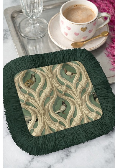 Lüks Gotik Kuş Motifli Saçaklı Sunum Peçetesi - Vintage Avangart Yeşil Bardak Altlığı Mendil Çok Renkli