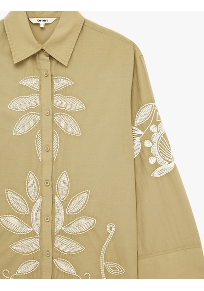Koton Pamuklu Uzun Kollu Floral Dokulu Nakış Detaylı Oversize Uzun Gömlek Tunik Ekru Desenli 6sak60012ew