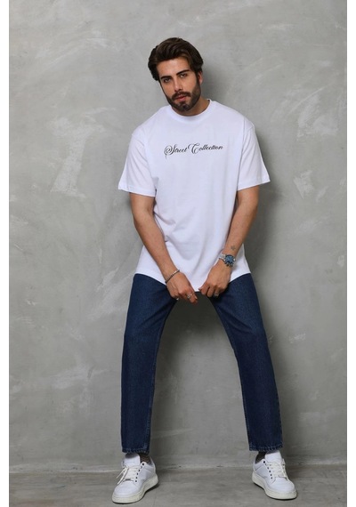 Barlashive Erkek Bisiklet Yaka Baskılı Kısa Kol T-shirt - Beyaz Çok Renkli