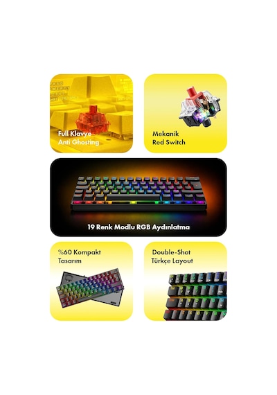 60% Kablolu Rgb Mekanik Oyuncu Klavyesi, 62 Tuşlu Türkçe Q Siyah