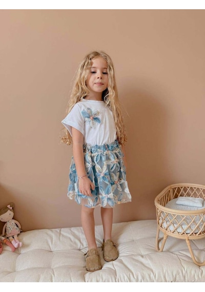 Miniko Kids Kız Çocuk Kısa Kol Çiçek Desenli Bayramlık Takım Beyaz