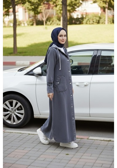 Hb Harma Time Butik Kadın Cepli Düğmeli Kapüşonlu Denim Koyu Gri Trençkot