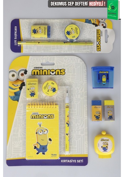 X Dekomus , Lisanslı Minions 11 Parça Kırtasiye Seti Silgi,kurşun Kalem,not Defteri,kalemtraş Diğer