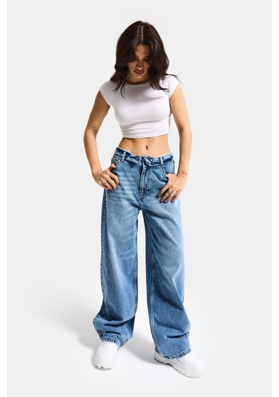 Itsbasic Kadın Mavi 4s6-4 Straight Fit Kemer Detaylı Özel Tasarım Denim Jean